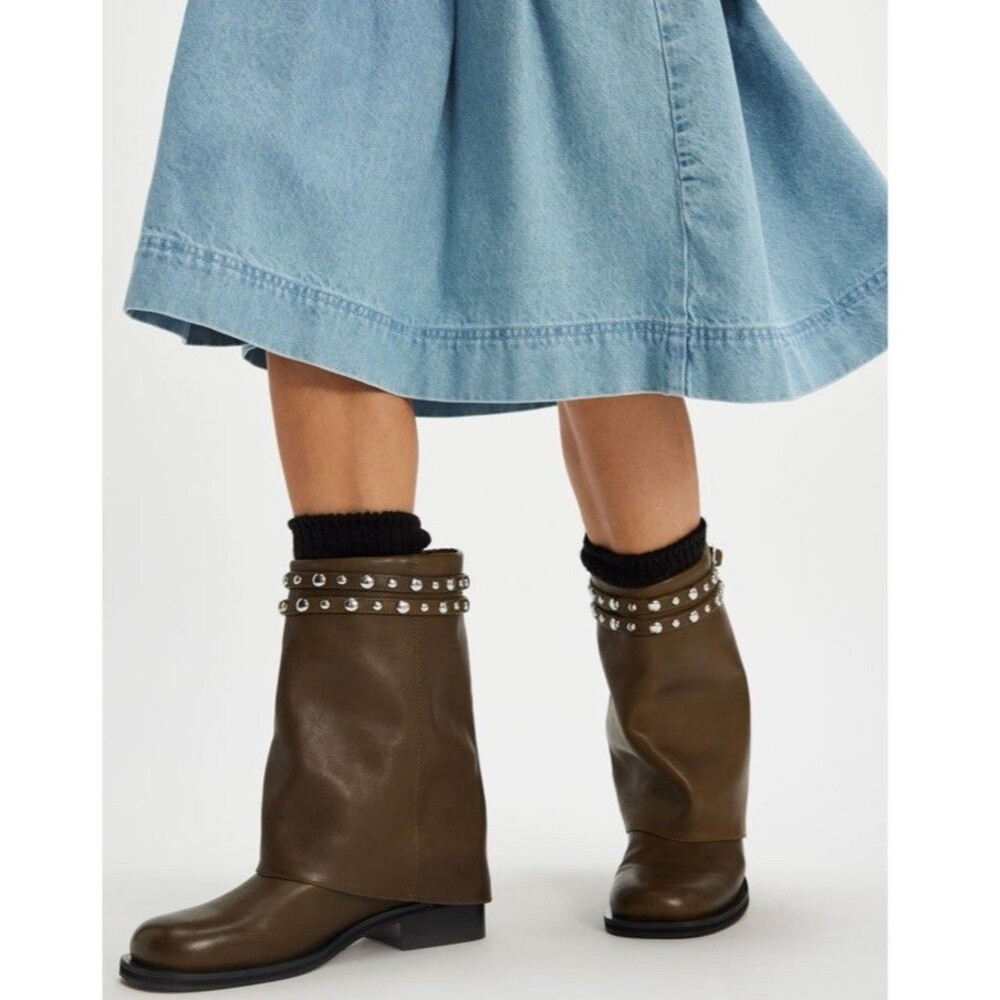Free People Scorpio Studded Foldover Boots Women 11 Olive Leather Studded